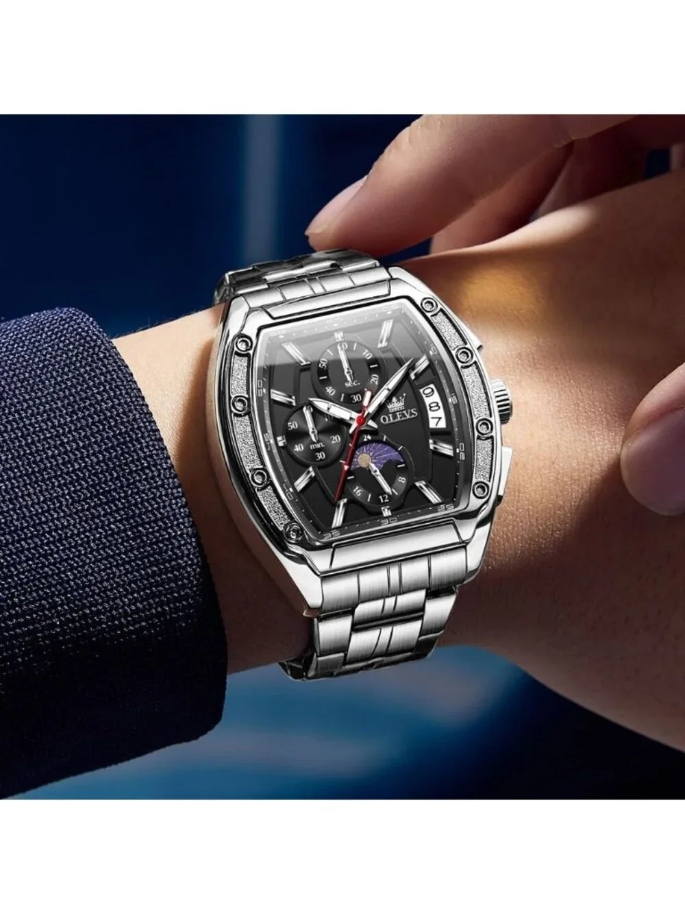 Men's Silver Chronograph Rectangle Stainless Steel Luminous Quartz Classic Watch